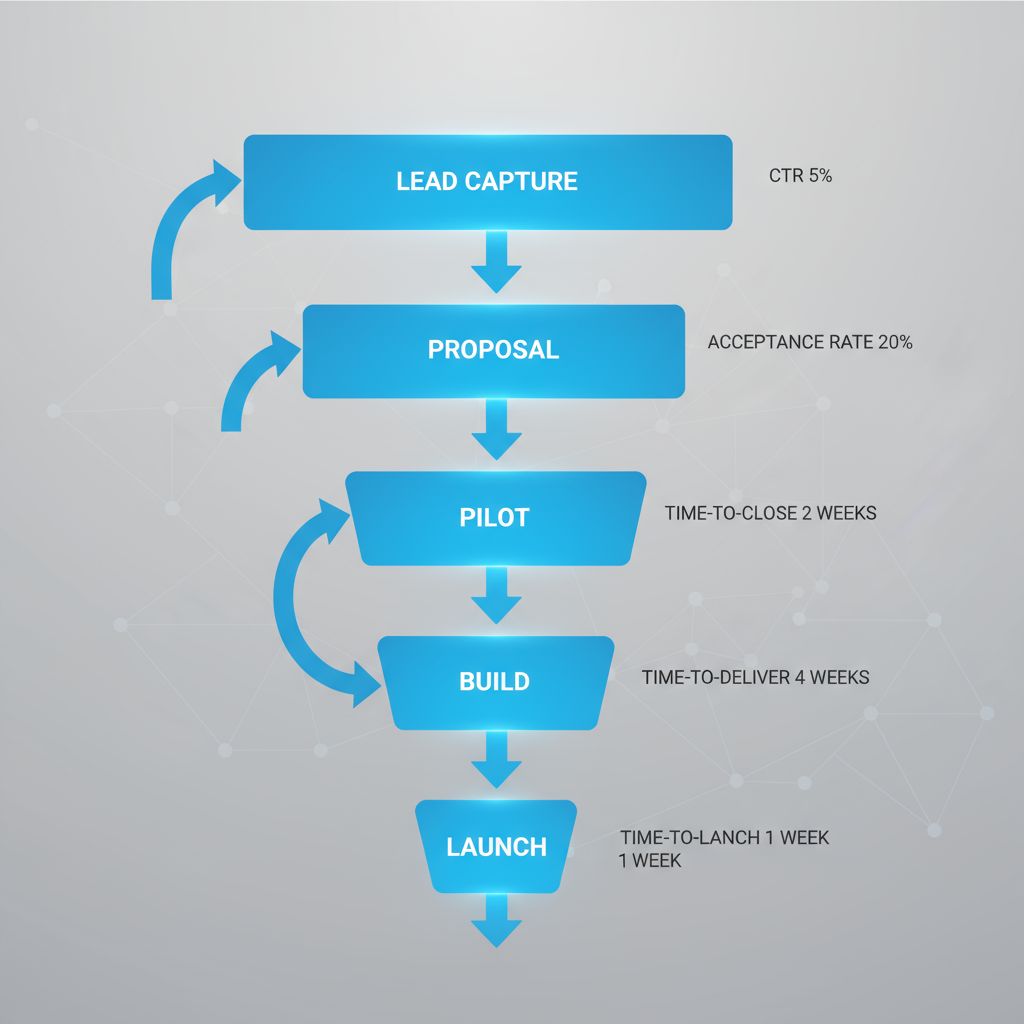 Vertical infographic illustrating 5-step client acquisition process with conversion metrics for local SEO services