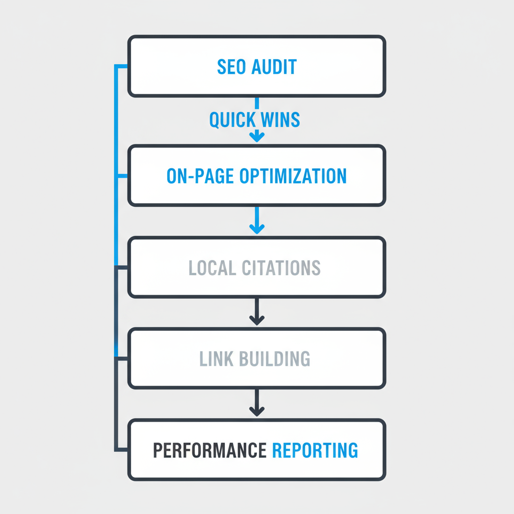 Vertical illustration of six-step SEO implementation process for local businesses