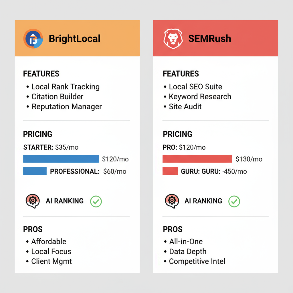 Infographic comparing BrightLocal and SEMrush local SEO tools by features, pricing, and pros with bar graphs and icons