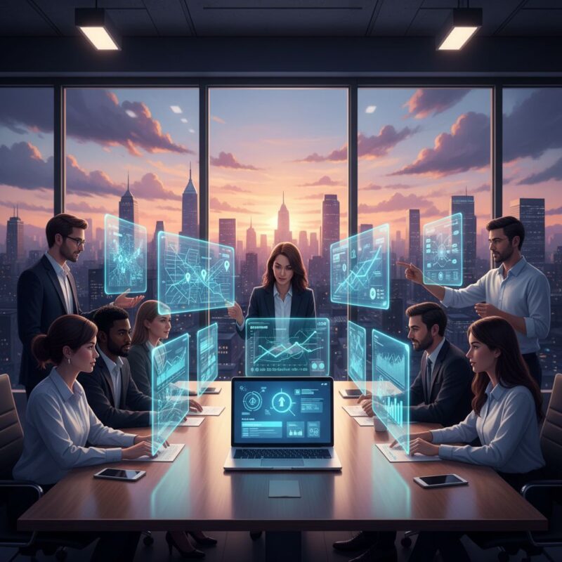 Digital illustration of a diverse SEO team in a modern agency office collaborating on local SEO tools and visualizations