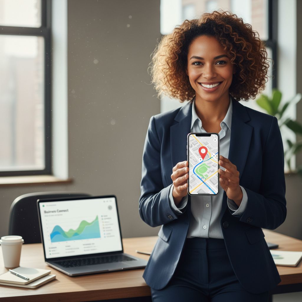 Diverse business owner in office viewing Apple Maps business listing on iPhone, highlighting local SEO visibility.