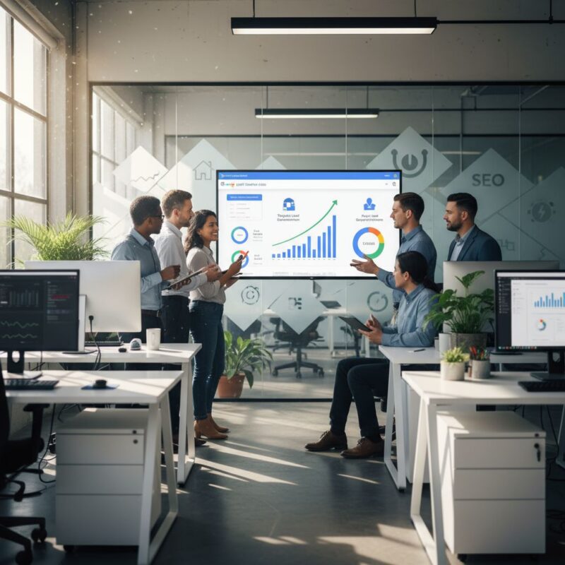 Diverse digital marketing team collaborating on Google Local Services Ads dashboard in modern agency office