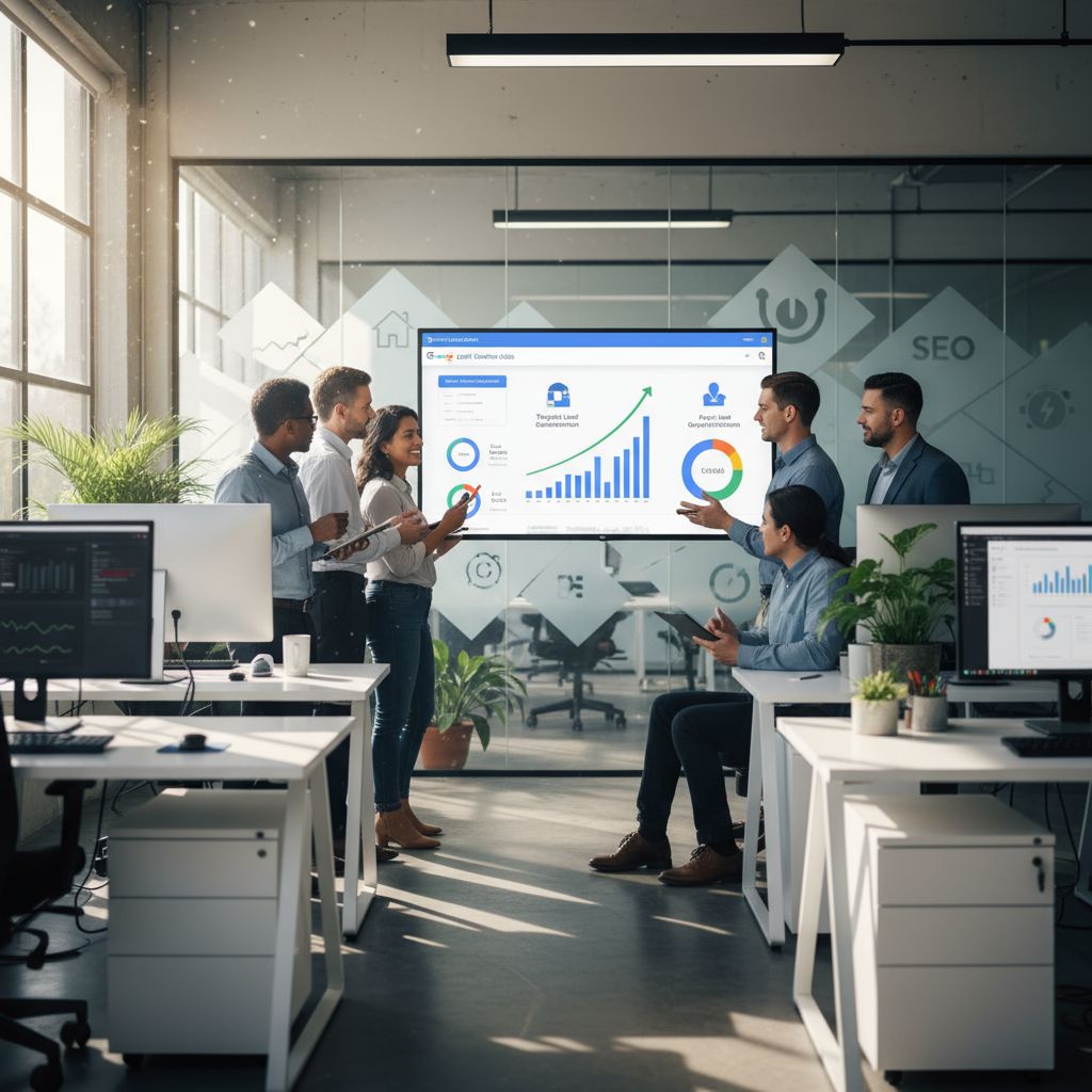 Diverse digital marketing team collaborating on Google Local Services Ads dashboard in modern agency office