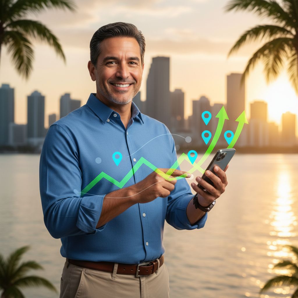 Confident business owner in Miami with smartphone and SEO success overlays against sunset skyline