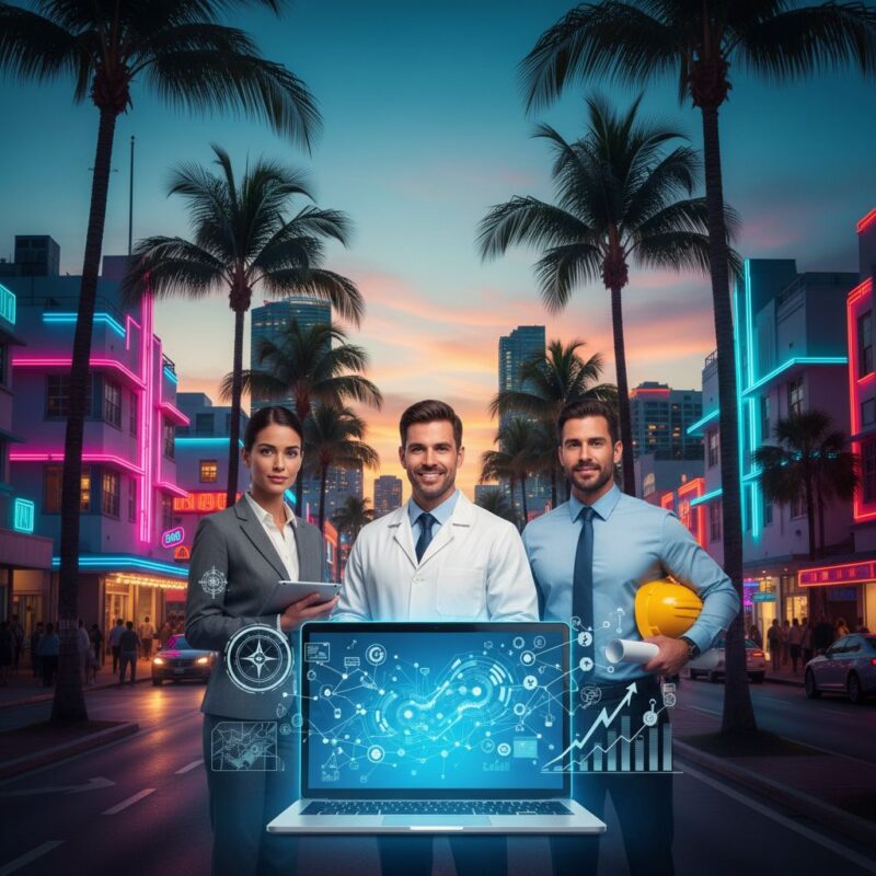 Diverse professionals in Miami viewing SEO growth on laptop against city skyline at dusk