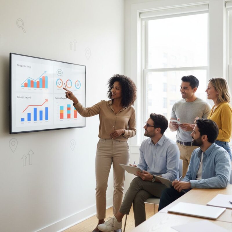 Diverse team of marketing professionals collaborating on a white label local SEO dashboard in a modern office