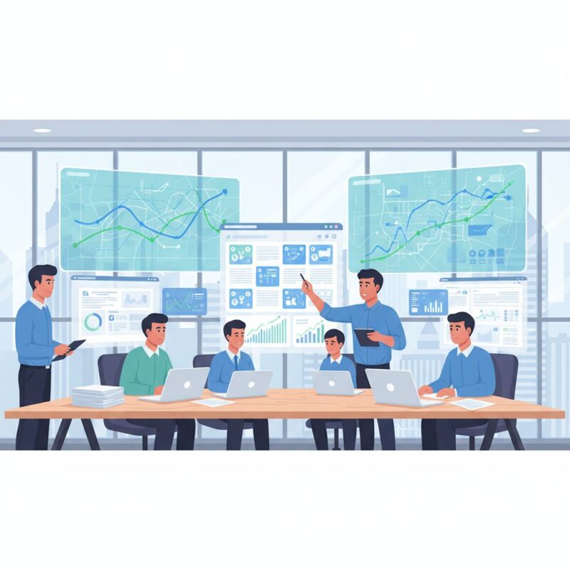 Digital illustration of marketing team analyzing local SEO data in modern agency office