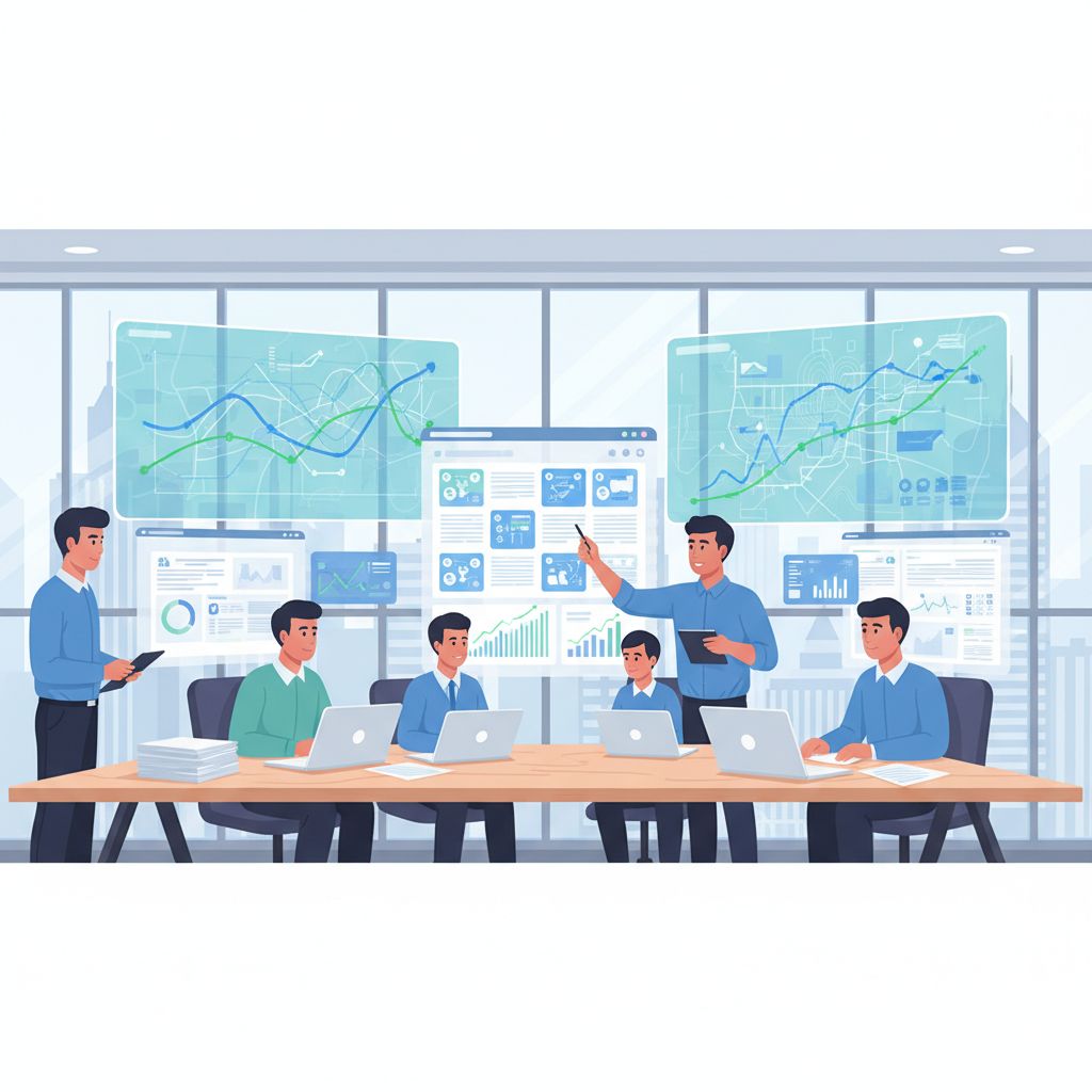 Digital illustration of marketing team analyzing local SEO data in modern agency office