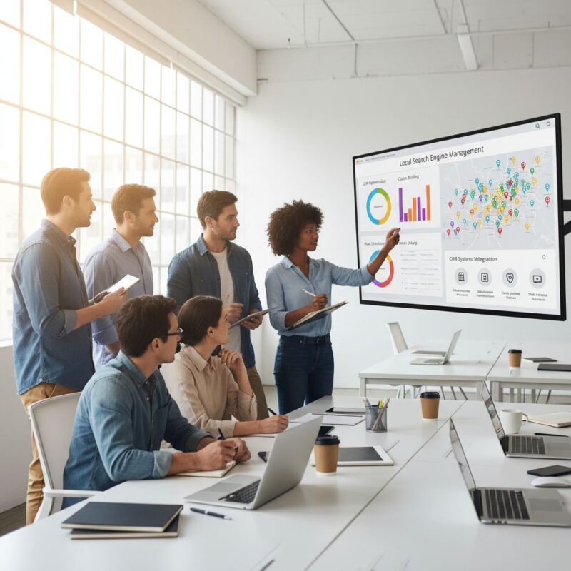 Diverse team of agency professionals collaborating on local SEO software dashboard in modern office