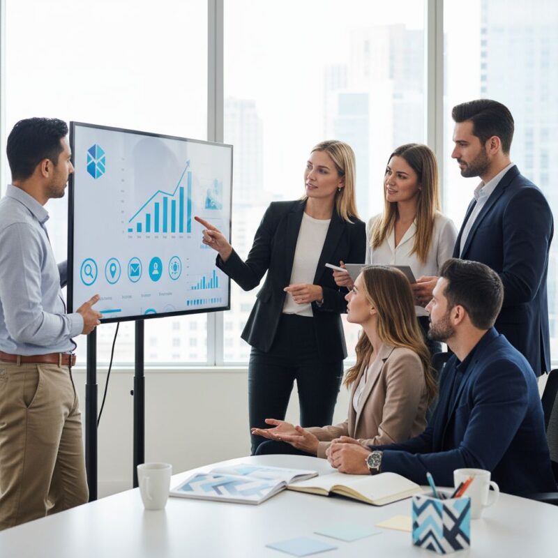 Diverse marketing agency team collaborating on white-label PPC dashboard in modern office