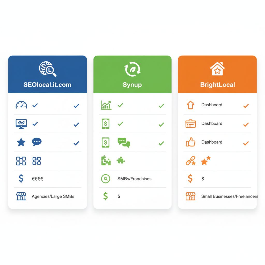 Infographic comparing key features of white label local SEO platforms SEOlocal.it.com, Synup, and BrightLocal including tracking, dashboards, and pricing