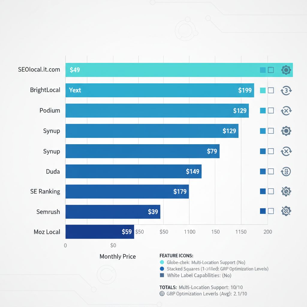 Horizontal bar chart comparing starting prices and key features of top 10 white label local SEO tools for agencies