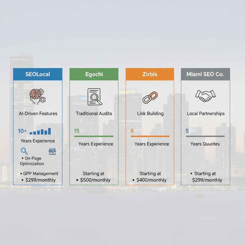 Infographic comparing key features, experience, and pricing of top Miami SEO companies including SEOLocal, Egochi, and Zirbis