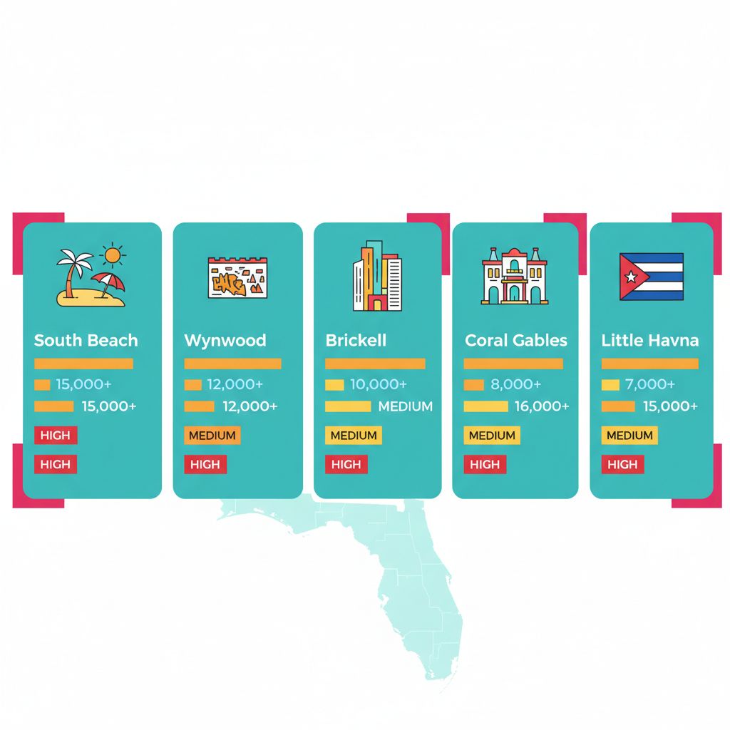 Infographic depicting Miami's local SEO landscape with search volumes, competition levels, and icons for five key neighborhoods.