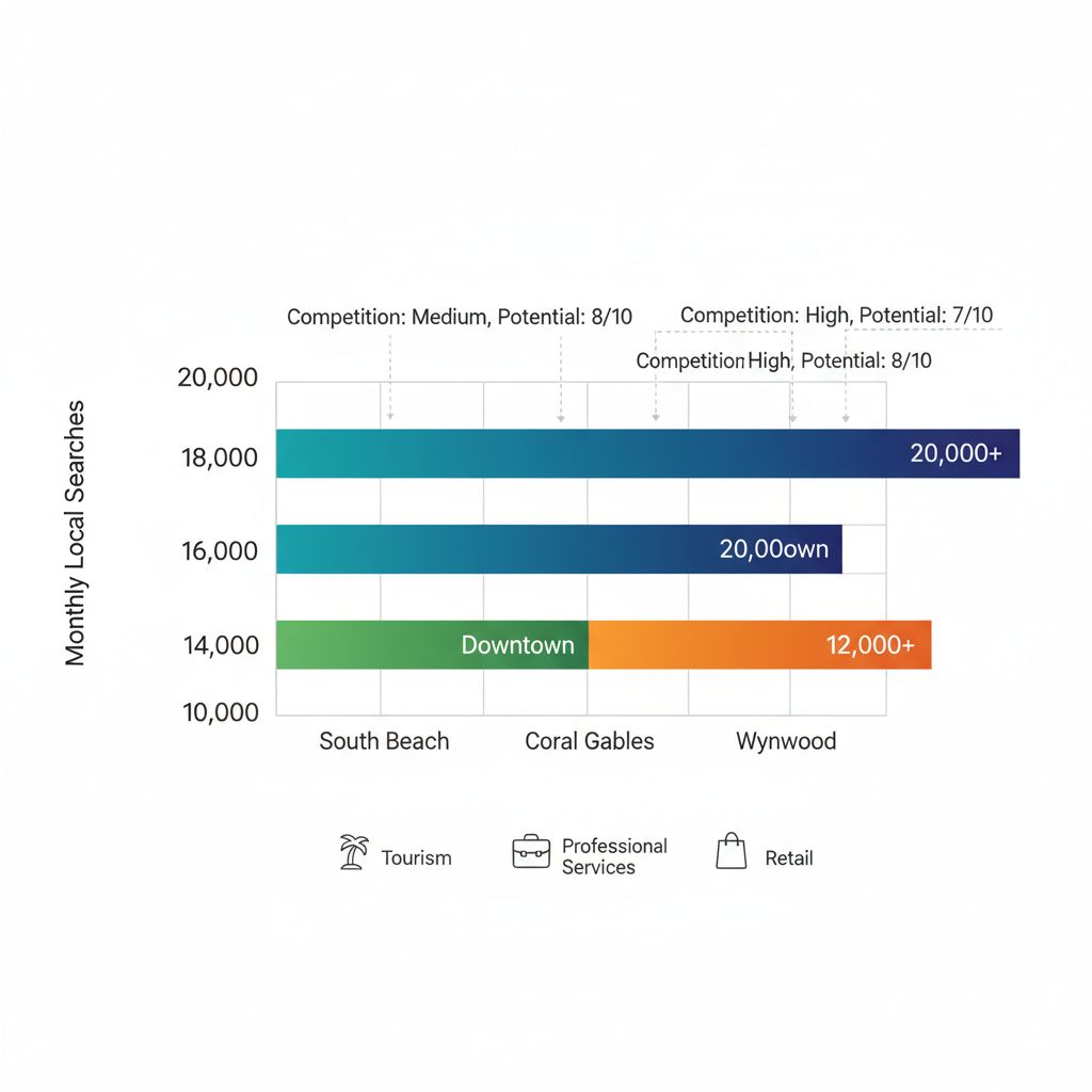 Horizontal bar chart comparing local search volumes and SEO potential in Miami neighborhoods