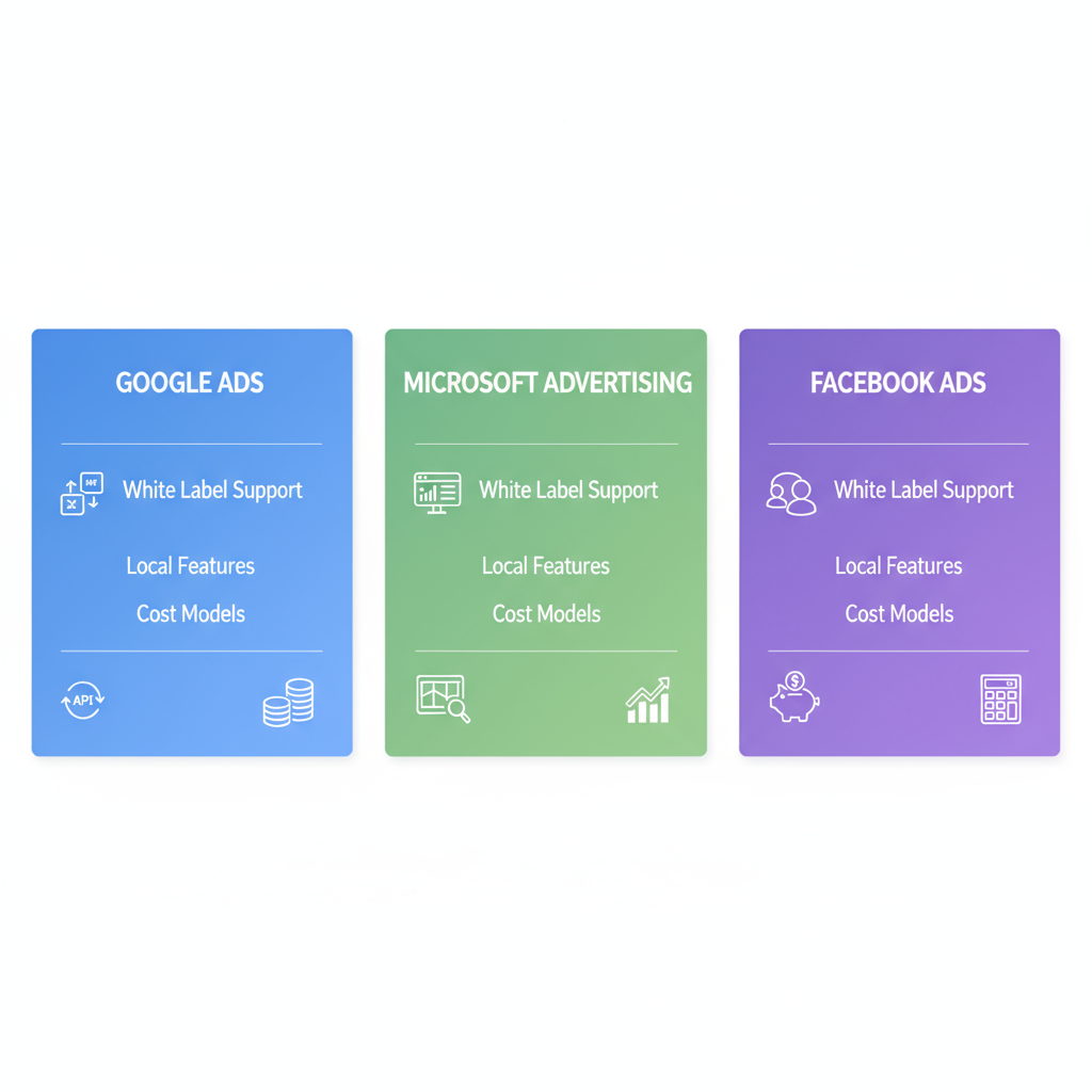Infographic comparing Google Ads, Microsoft Advertising, and Facebook Ads platforms for white label agencies with icons and feature labels