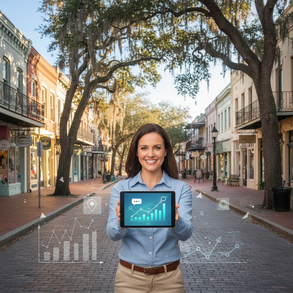 Vibrant scene of DeLand downtown with business owner holding tablet displaying digital growth analytics, blending local charm and modern marketing.