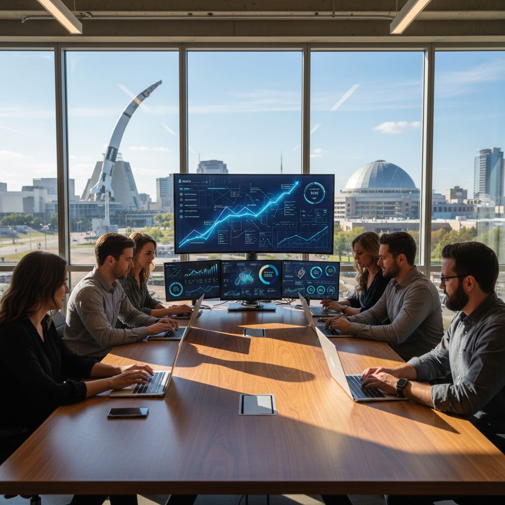 Diverse team of digital marketers in a modern Huntsville SEO agency office collaborating on local search optimization strategies with a view of the city tech hub.