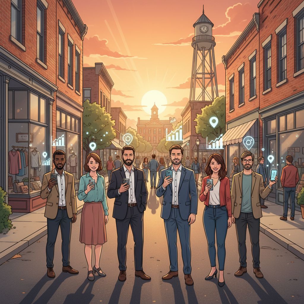 Illustrated vibrant DeLand downtown scene with business owners holding smartphones and SEO growth icons.