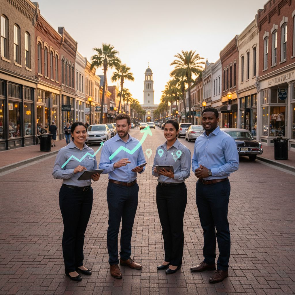 Vibrant dusk scene of Downtown DeLand with business owners discussing SEO on tablets amid rising digital visibility overlays.