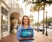 Smiling small business owner in front of Deland storefront holding laptop with SEO growth visuals.