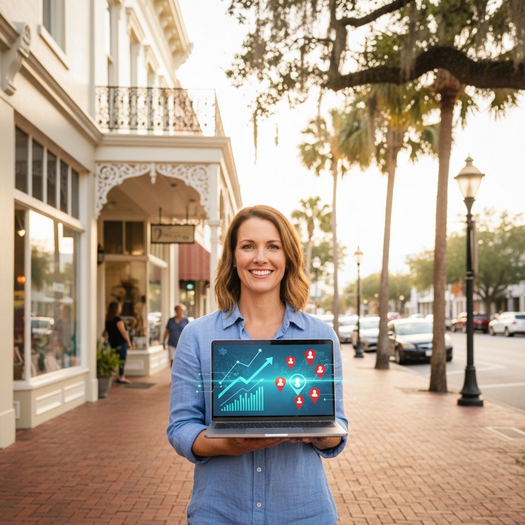 Smiling small business owner in front of Deland storefront holding laptop with SEO growth visuals.