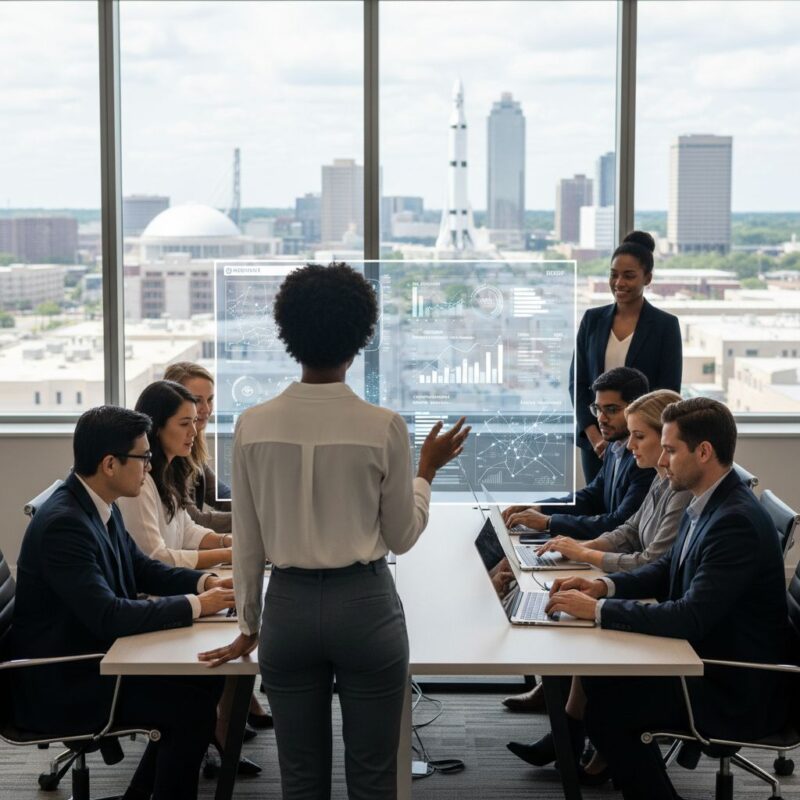 Diverse business professionals in a modern Huntsville office analyzing SEO data with city skyline view