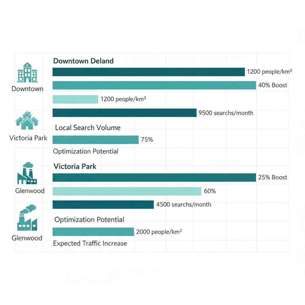 Bar chart showing SEO impact comparison across DeLand neighborhoods including population density, search volume, optimization potential, and traffic increase.