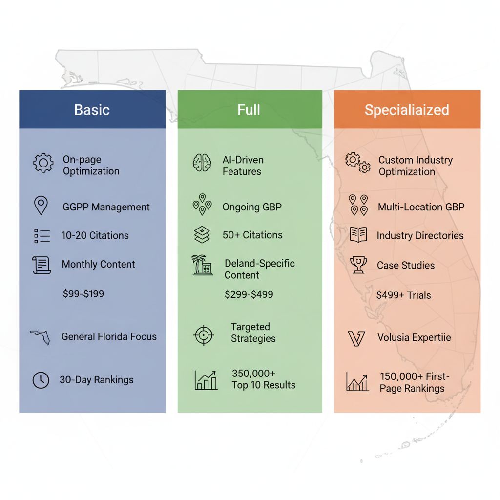 Infographic comparing three tiers of SEO services for Deland businesses: Basic, Full, and Specialized packages with features and pricing.
