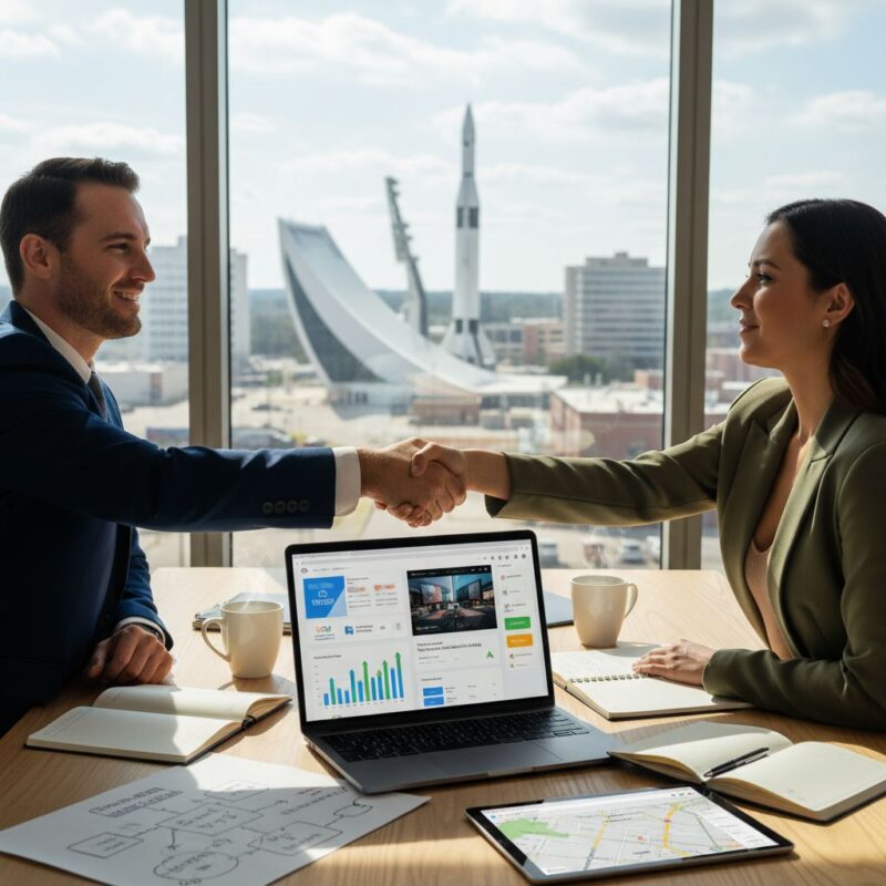 Vibrant scene of digital marketers and business owner collaborating on SEO in modern Huntsville office with city landmarks.