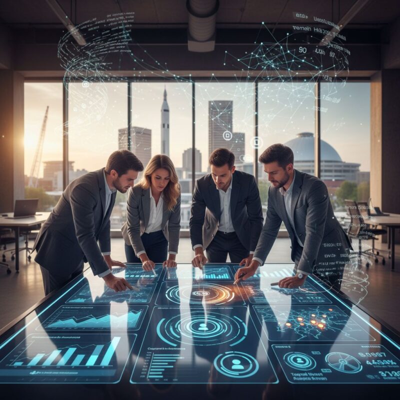 Dynamic scene of professionals collaborating on digital marketing strategies in Huntsville, Alabama, featuring SEO analytics and local landmarks.