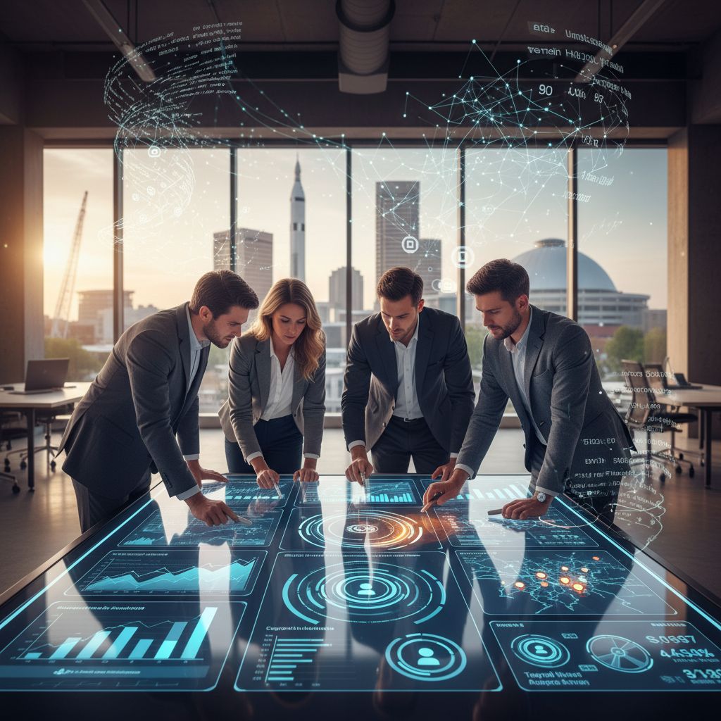 Dynamic scene of professionals collaborating on digital marketing strategies in Huntsville, Alabama, featuring SEO analytics and local landmarks.