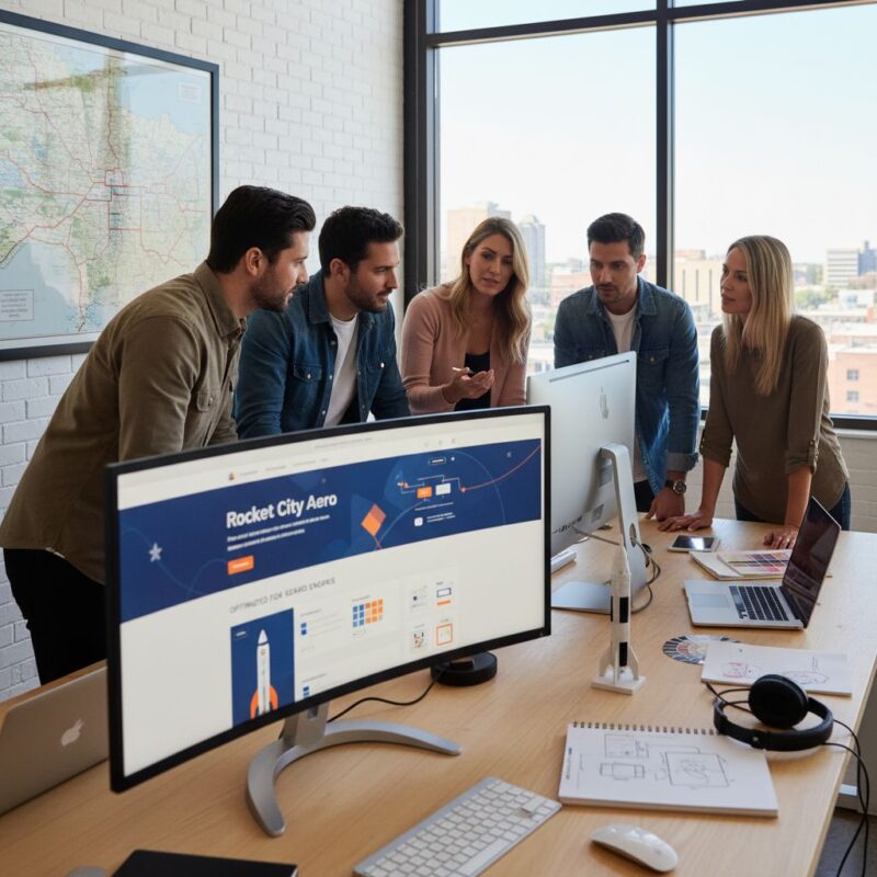 Professional team collaborating on web design in a modern Huntsville, Alabama office with local aerospace website on screen