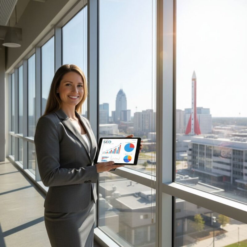Confident marketing professional in modern Huntsville office overlooking city skyline and rocket monument