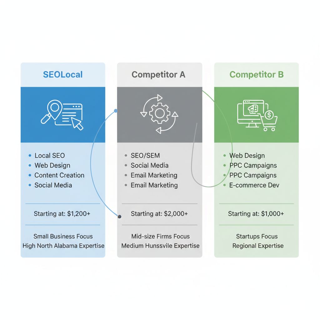 Infographic comparing SEOLocal.it.com and top competitors in Huntsville marketing agencies, highlighting services, pricing, and expertise.