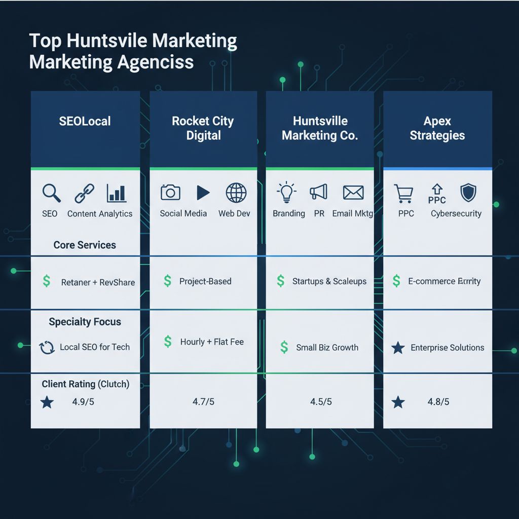 Infographic comparing top marketing agencies in Huntsville, Alabama, including SEOLocal, with services, pricing, focus, and ratings.