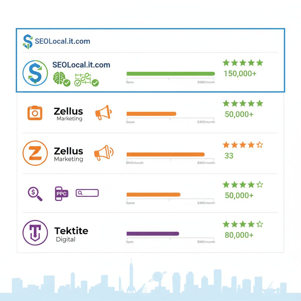 Infographic comparing top Huntsville marketing agencies with SEOLocal highlighted for SEO expertise and rankings.
