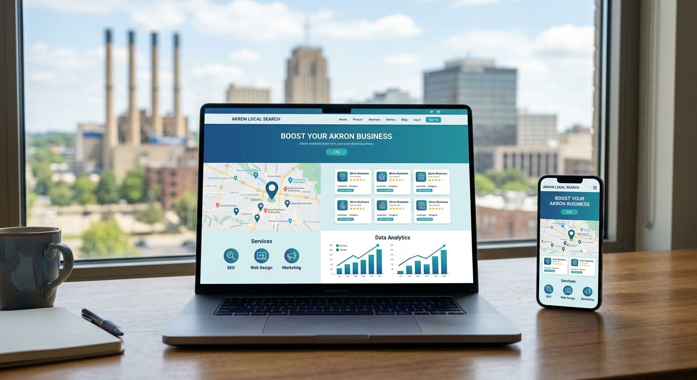 Modern digital workspace with laptop displaying website design interface and analytics dashboard, Akron skyline visible through window, smartphone mirroring site