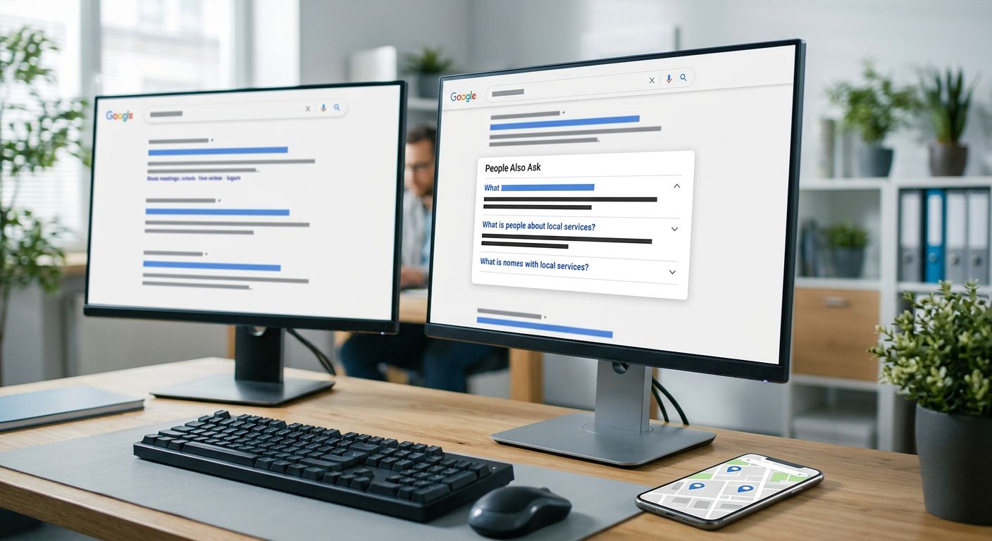 Modern office desk with two monitors showing Google search results and a People Also Ask box, smartphone with Google Maps beside keyboard, emphasizing local SEO and AI-driven solutions.