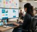 Professional web designer behind the shoulder view, working on responsive website layout in a modern office with multiple devices