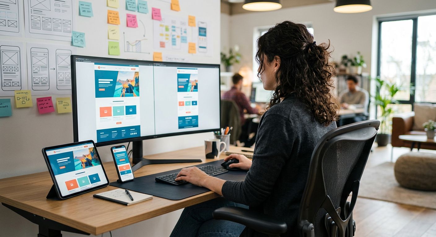 Professional web designer behind the shoulder view, working on responsive website layout in a modern office with multiple devices