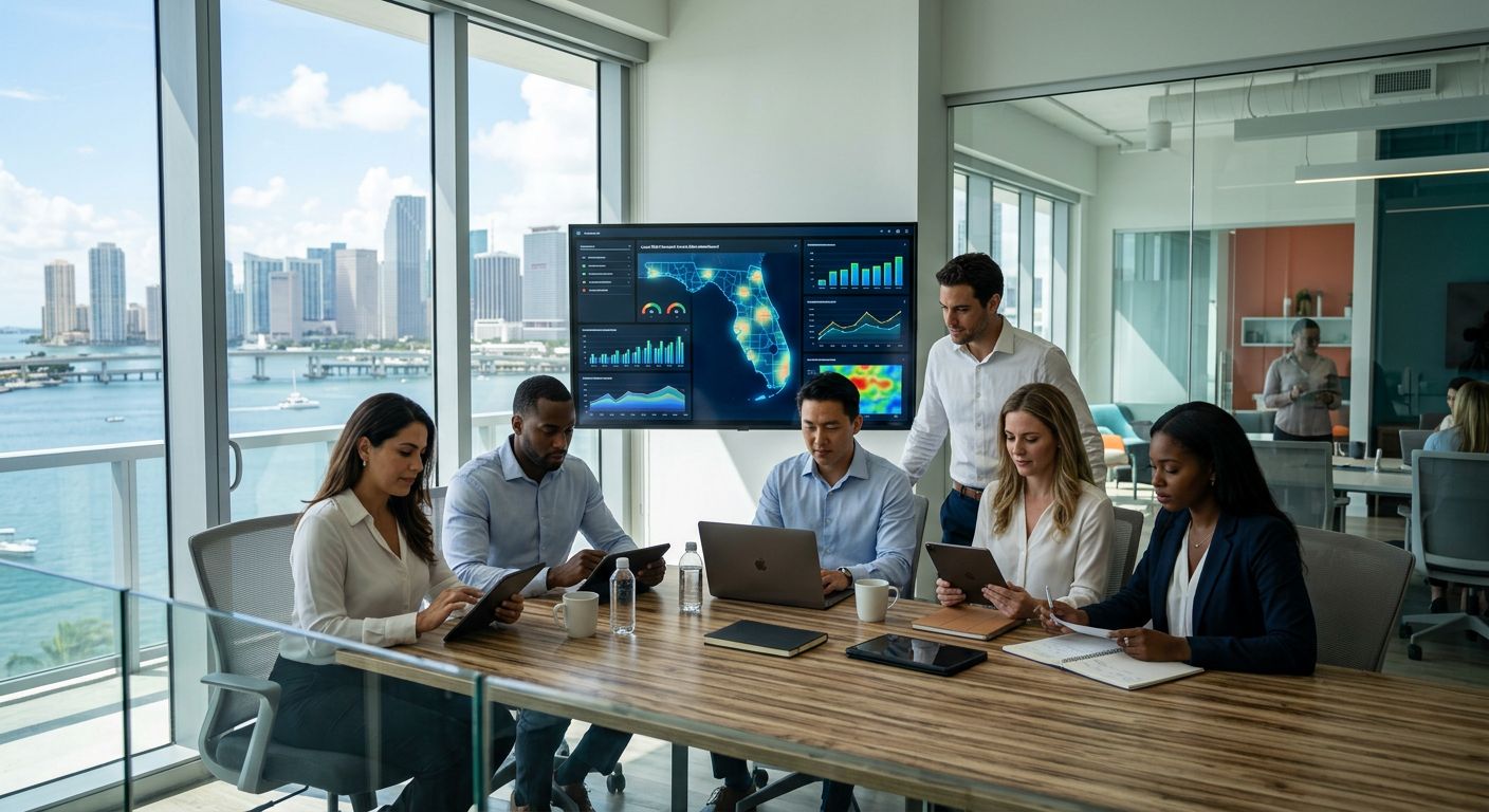 Diverse business team in modern Miami office reviewing local SEO dashboard with Florida map on large monitor