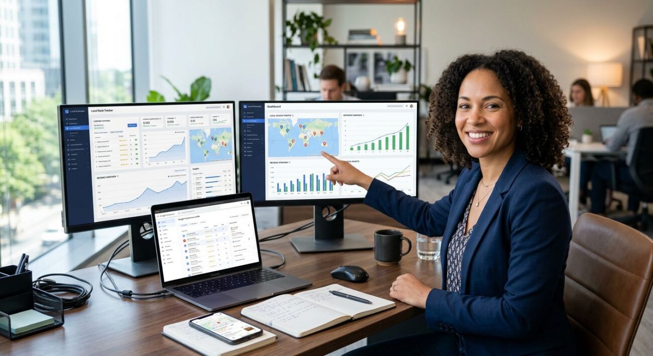 AI consultant at a modern desk with dual monitors displaying local SEO dashboards and maps, pointing to a chart while a laptop shows Google My Business listings in a bright office.