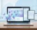 Futuristic digital illustration showing a laptop with 3D shapes and responsive web design for 2026 trends