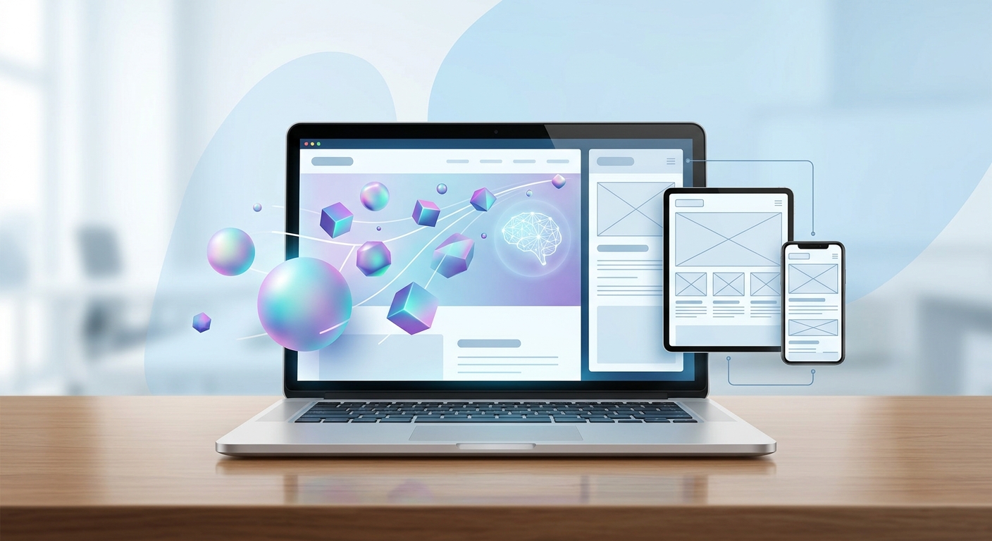 Futuristic digital illustration showing a laptop with 3D shapes and responsive web design for 2026 trends