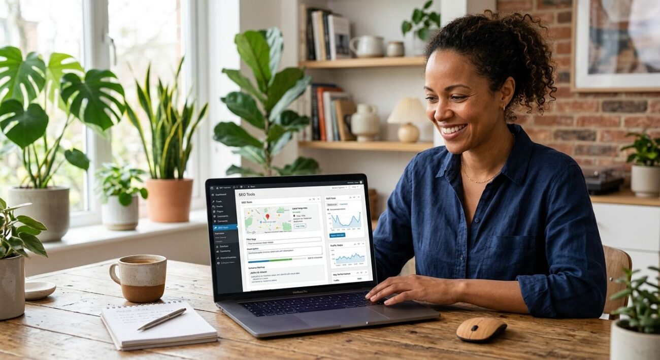 Small business owner at desk smiling at laptop showing WordPress SEO dashboard with local map pin