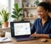 Small business owner at desk smiling at laptop showing WordPress SEO dashboard with local map pin