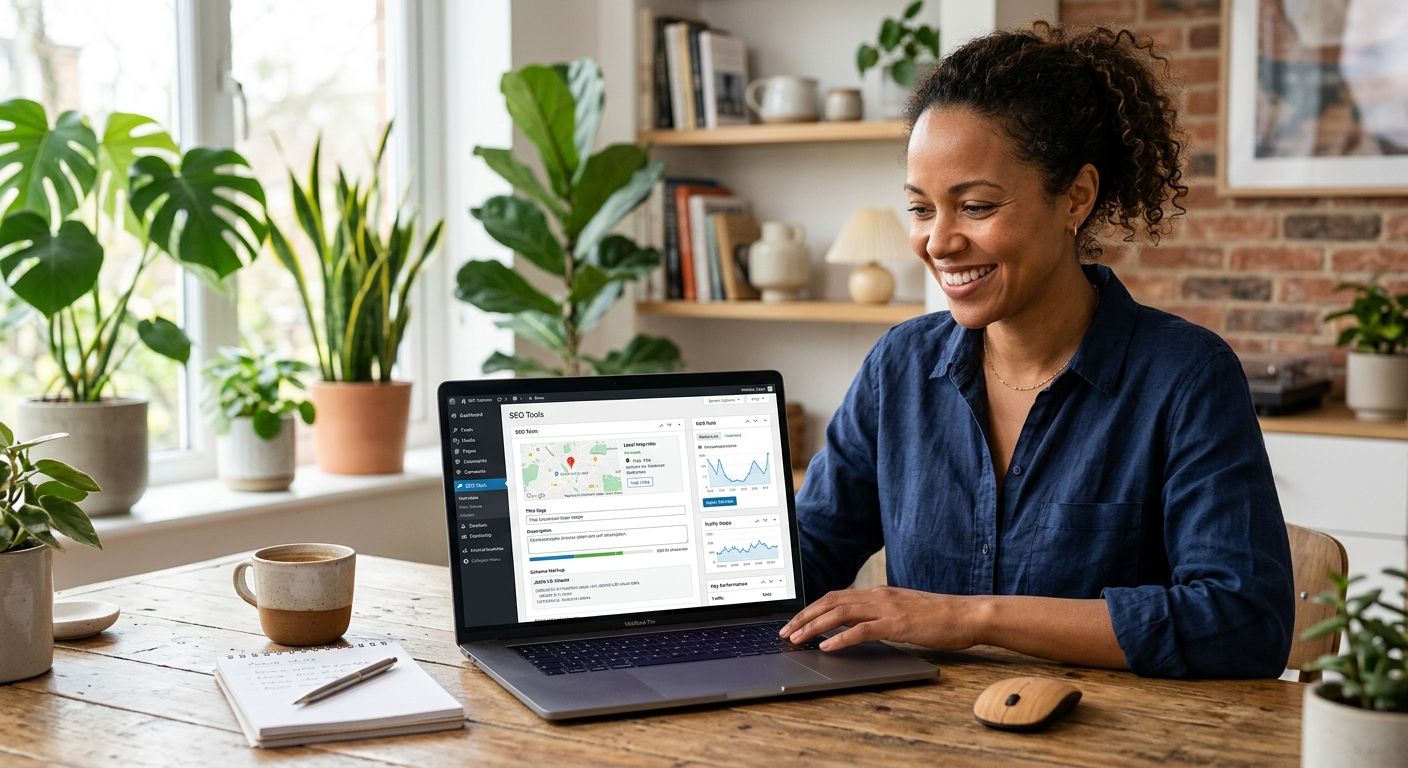 Small business owner at desk smiling at laptop showing WordPress SEO dashboard with local map pin