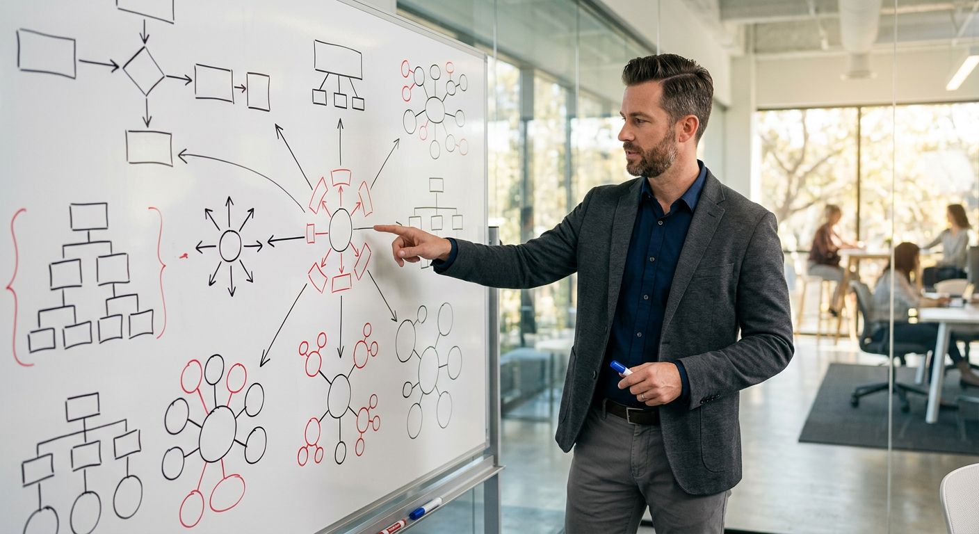 Digital marketing strategist analyzing go-to-market strategy diagrams on whiteboard