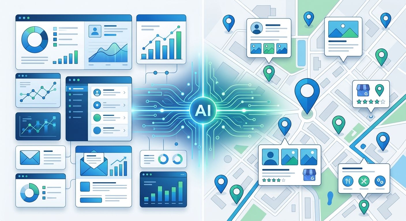 Split-screen digital illustration showing a HubSpot dashboard on the left and a local SEO map with pins on the right, linked by a glowing blue and green AI connector, representing integration of marketing automation and hyperlocal search.
